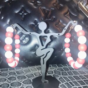 Red and White Beaded Hoop Earrings